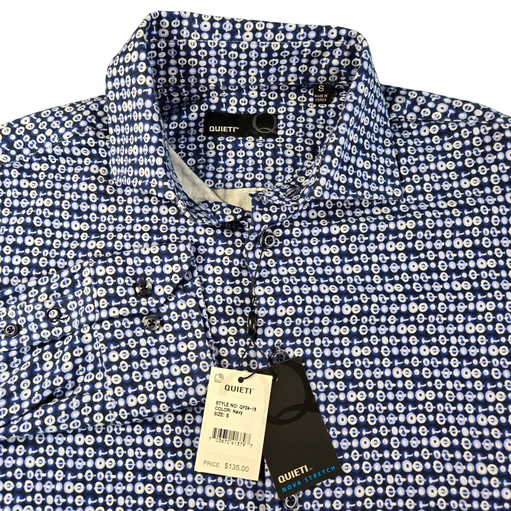 Quieti Nova Stretch Mens Navy Blue Geometric Print Button Down Shirt NWT $135.00